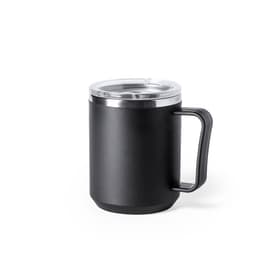 A black insulated mug with a clear lid and a sturdy handle, designed for travel.