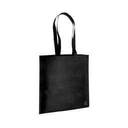 A black tote bag with two handles and a subtle logo. Simple and versatile design for various uses.