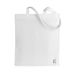 A white tote bag with two handles and a logo in the bottom corner.