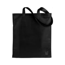 A black tote bag with two handles and a shoulder strap, featuring a small logo at the base.