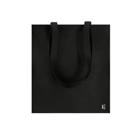 A black tote bag with sturdy handles and a simple design, featuring a logo on the bottom.