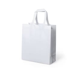 A white tote bag with two handles and an open design. It features a logo on the side.