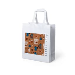 A white bag with a graphic design featuring coffee-related illustrations in earthy tones. The bag has handles and a logo.
