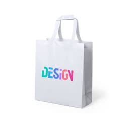 A white bag with sturdy handles featuring a colourful design. It has a logo or branding displayed on the front.