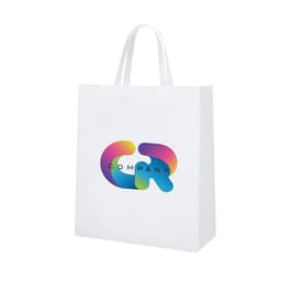A white shopping bag featuring a colourful logo. The bag has two handles for easy carrying.