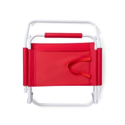 A red folding chair with a white frame, featuring a carrying handle and a simple design. It has a logo on the fabric.