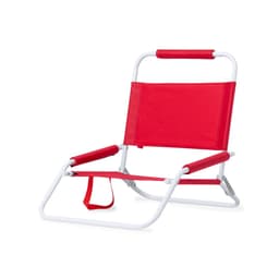 A foldable chair featuring a red fabric seat and white metal frame, designed for leisure and outdoor use.