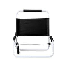 A black folding chair with a white frame and padded armrests, featuring a simple, minimalist design.