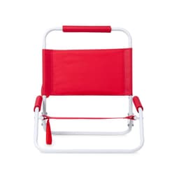 A red leisure chair with a white frame and padded armrests, designed for outdoor use.