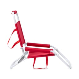 A red leisure chair with a white frame and adjustable backrest, featuring carrying straps.
