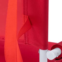 A red leisure chair features a sturdy frame and adjustable straps, showcasing a modern design with vibrant colours.