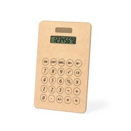 A beige calculator with a digital display and a range of buttons. It features a logo on the top.