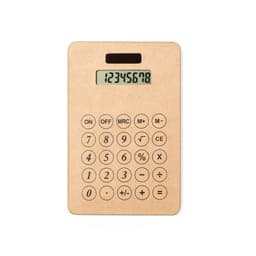 A brown cardboard calculator with a digital display and numbered buttons, featuring a simple design.