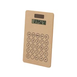 A brown calculator with a digital display and numerous buttons, featuring a logo at the top.