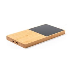 A wireless charger made of bamboo with a black surface and multiple ports on the side. It features a logo.