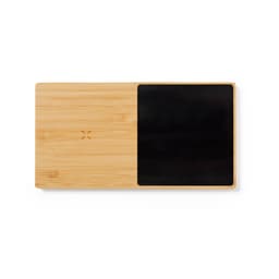 A wireless charger made of bamboo with a black charging surface, featuring a small logo.