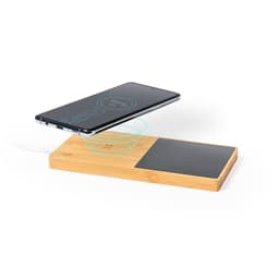 A wireless charger made of bamboo with a black charging pad, featuring a smartphone above it.