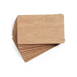 A stack of business cards in a light wood finish, featuring a smooth texture and rounded corners.