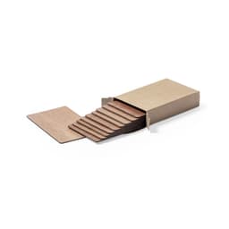 A box containing multiple wooden business cards, featuring a natural finish and a simple design.