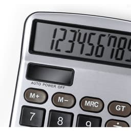 A silver calculator with a digital display showing numbers and various function buttons. It has a logo on its surface.