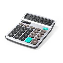 A silver and black calculator with a digital display and various buttons in brown and teal. It features a logo.