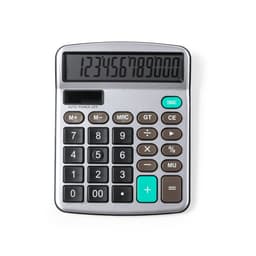 A silver calculator with a large display and black, brown, and turquoise buttons. It features a logo.