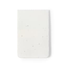 A white sticky note with a slightly textured surface and rounded corners, featuring a subtle speckled design.