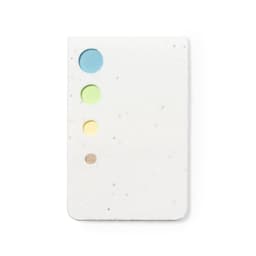 A stack of sticky notes in various pastel colours: blue, green, yellow, and brown on a speckled white background.