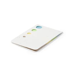Amenti Notebook in white with multicoloured round sticky note flags and a branding logo.
