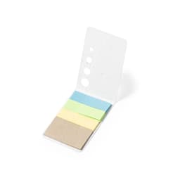 A notebook featuring sticky notes in blue, yellow, green, and brown shades, with a white exterior and branding.