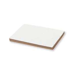 A white sticky note pad with a brown base, featuring a textured surface. Includes a logo on the side.