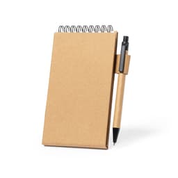 A spiral-bound notebook with a kraft cover and a black pen attached on the side.
