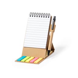 A notepad with a spiral binding, accompanied by sticky notes in blue, pink, yellow, green, and orange, and a pen.