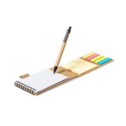 A notebook with a spiral binding, a pen, sticky notes in yellow, pink, and green, and a wooden-style cover.