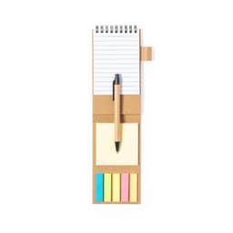 A Phesux Notebook featuring a notepad, sticky notes in pastel colours, and a pen, all in a tan holder.