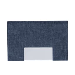 A navy blue business card holder with a metallic accent and a logo.