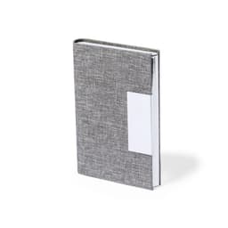 A grey fabric-covered business card holder with a sleek silver logo plate.