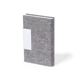 A grey textured notebook with a white space for personalization, featuring a simple design suitable for office use.
