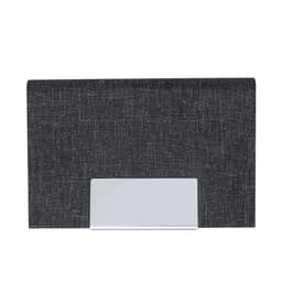 A dark grey business card holder with a silver metallic accent, featuring a logo on the front.