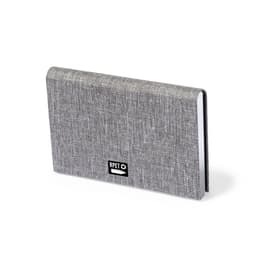 A grey business card holder with a textured finish and a logo on the front.