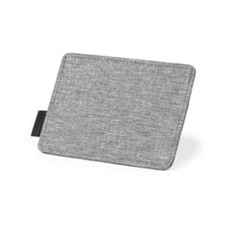 A grey business card holder with a textured fabric finish and a side tab. Features a logo on the surface.