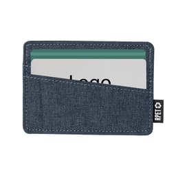 A navy blue business card holder made of RPET material, featuring a slot for cards with a logo.