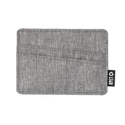 A grey business card holder with a textured fabric finish and multiple card slots, featuring a logo tag.