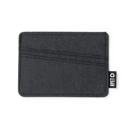 A sleek black business card holder made from recycled materials, featuring a logo tag.