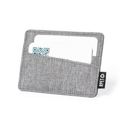 A grey business card holder with a textured finish, containing two visible cards and featuring a logo.