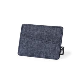A dark grey business card holder with a textured finish and a branding tag. Features multiple card slots.