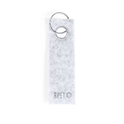 A grey felt keyring with a metal ring, featuring a small logo detail.