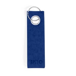 A blue keyring made from RPET material, featuring a metal ring for attaching keys.
