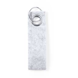 A grey felt keyring with a metal ring for attaching keys, featuring a simple and minimalist design.