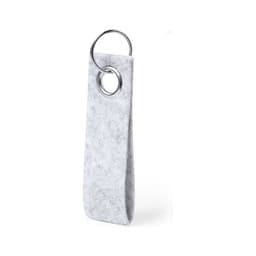 A grey felt keyring with a metal ring, designed for holding keys and featuring a branding logo.
